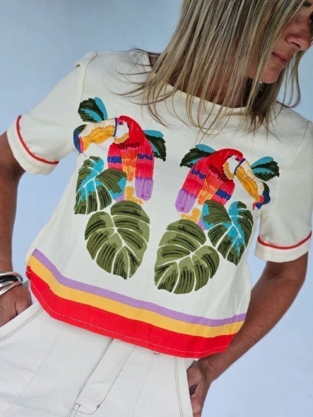 Entire Closet $5! Bluesteel Toucan Embroidered Linen Blend Tropical Crop Top